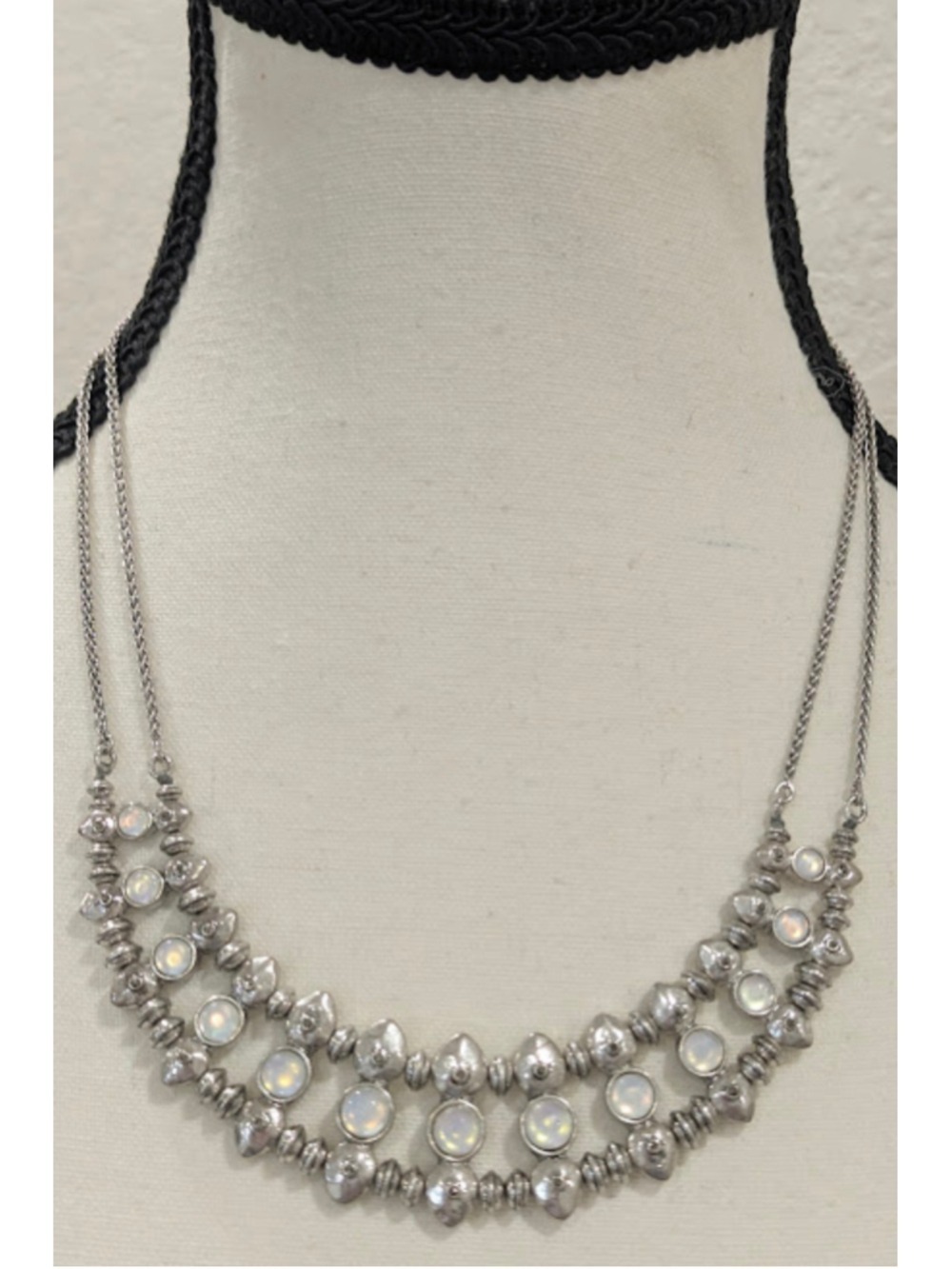 Lucky Brand Layered Silver Tone Moonstone Look Statement Necklace Boho Chic